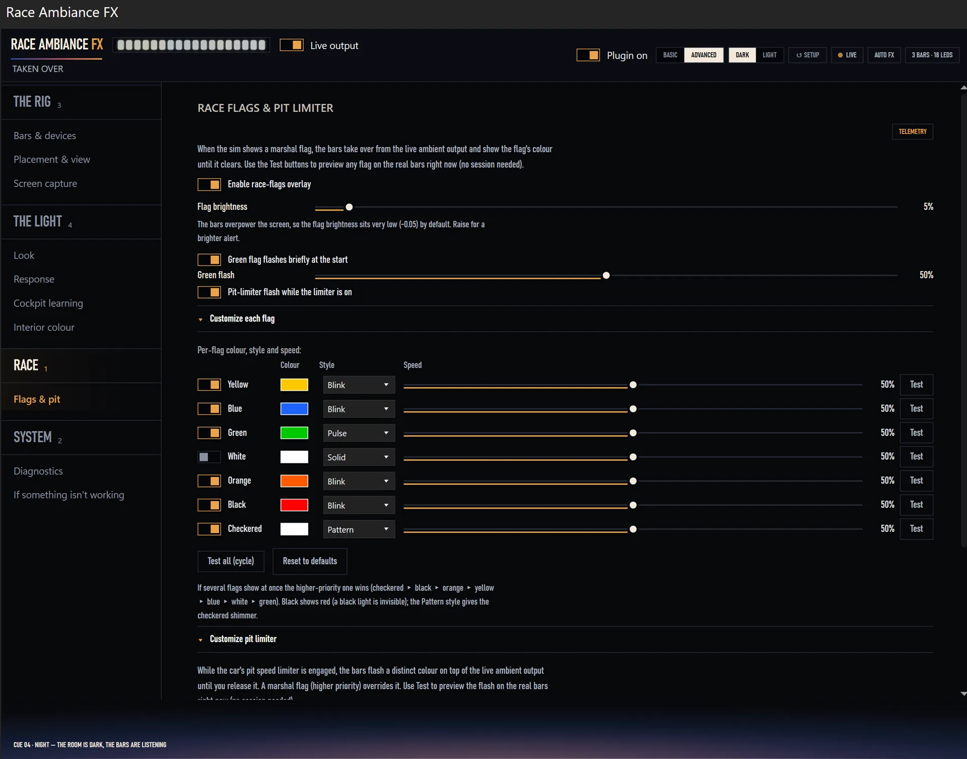 The flags and pit settings in Sim Ambiance FX